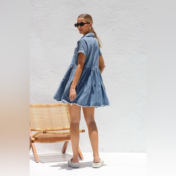 FRAYED HEM COLLARED DENIM MINI DRESS - Picture 5 of 12